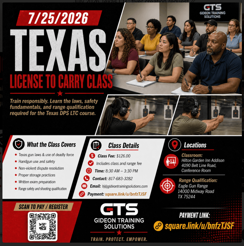 Texas License to Carry Class — July 25, 2026 featured event flyer